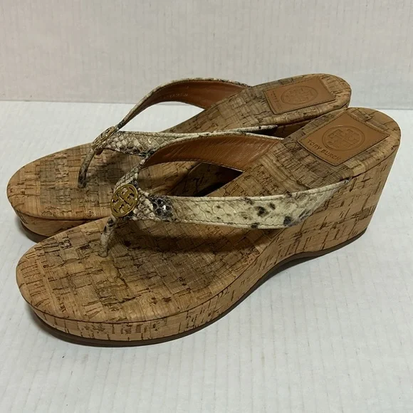 Tory Burch Suzy Sandals Snakeskin Cork Platform Wedge Leather - Size 7.5 - Picture 4 of 11